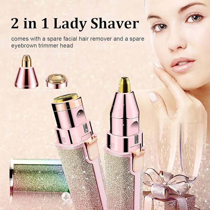 2 in 1 Eyebrow Trimmer & Facial Hair Remover for Women, Rechargeable Eyebrow Razor and Painless Hair Removal, Hair Trimmer and Body Shaver for Lips Nose Face with Two Replacement Heads & LED Light