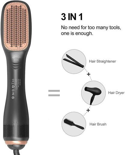 3 in 1 Hair Dryer Brush & Straightener Brush, Professional 1200W Powerful Ceramic Tourmaline Ionic Hot Air Brush, 3 Heat/2 Speed Settings One Step Hair Dryer and Styler for All Hair Types