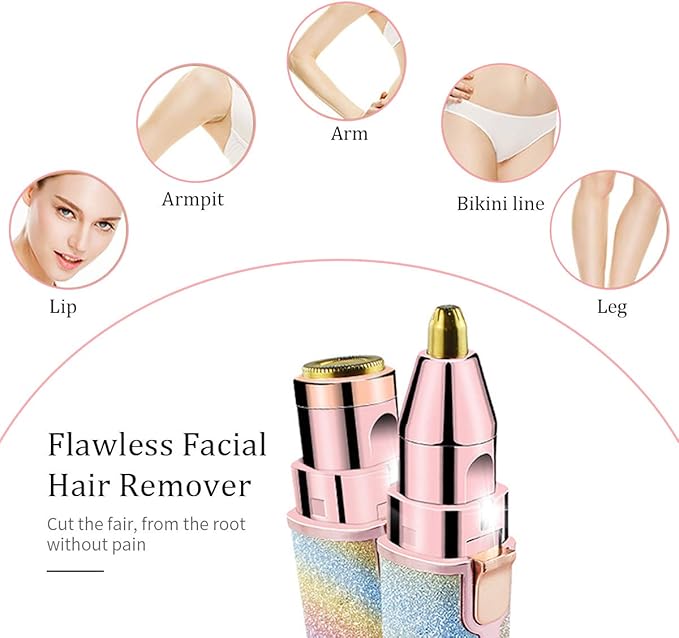 2 in 1 Eyebrow Trimmer & Facial Hair Remover for Women, Rechargeable Eyebrow Razor and Painless Hair Removal, Hair Trimmer and Body Shaver for Lips Nose Face with Two Replacement Heads & LED Light