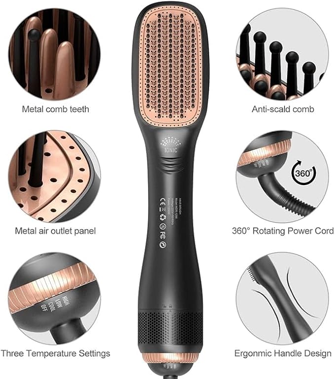 3 in 1 Hair Dryer Brush & Straightener Brush, Professional 1200W Powerful Ceramic Tourmaline Ionic Hot Air Brush, 3 Heat/2 Speed Settings One Step Hair Dryer and Styler for All Hair Types