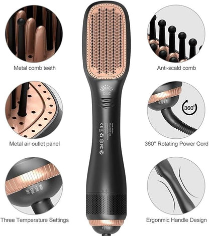 3 in 1 Hair Dryer Brush & Straightener Brush, Professional 1200W Powerful Ceramic Tourmaline Ionic Hot Air Brush, 3 Heat/2 Speed Settings One Step Hair Dryer and Styler for All Hair Types