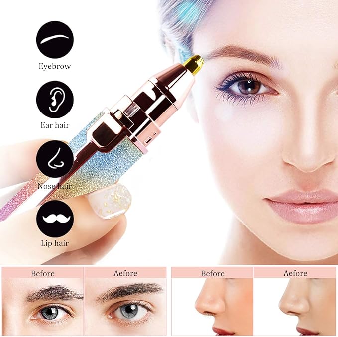 2 in 1 Eyebrow Trimmer & Facial Hair Remover for Women, Rechargeable Eyebrow Razor and Painless Hair Removal, Hair Trimmer and Body Shaver for Lips Nose Face with Two Replacement Heads & LED Light