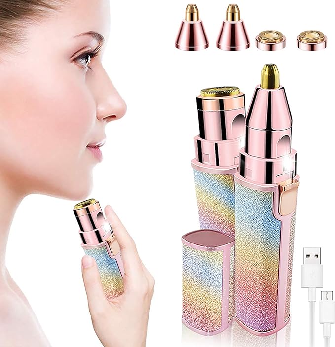 2 in 1 Eyebrow Trimmer & Facial Hair Remover for Women, Rechargeable Eyebrow Razor and Painless Hair Removal, Hair Trimmer and Body Shaver for Lips Nose Face with Two Replacement Heads & LED Light