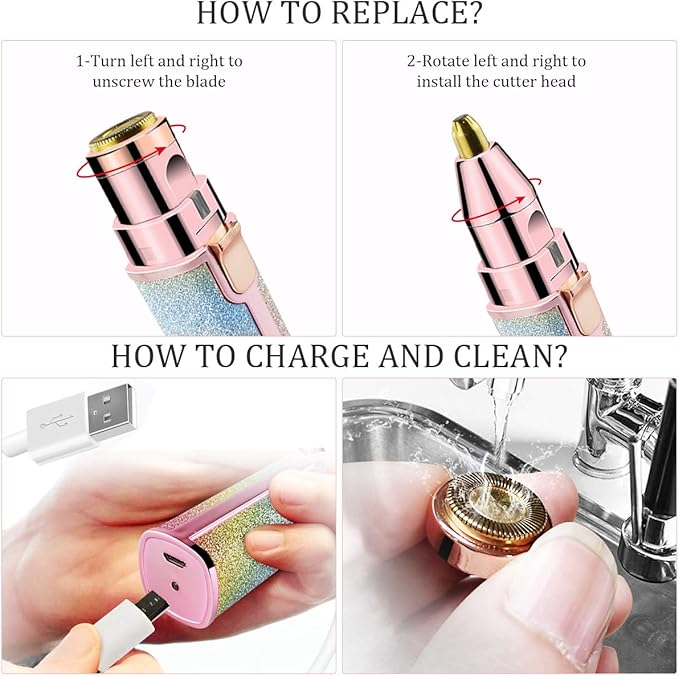 2 in 1 Eyebrow Trimmer & Facial Hair Remover for Women, Rechargeable Eyebrow Razor and Painless Hair Removal, Hair Trimmer and Body Shaver for Lips Nose Face with Two Replacement Heads & LED Light