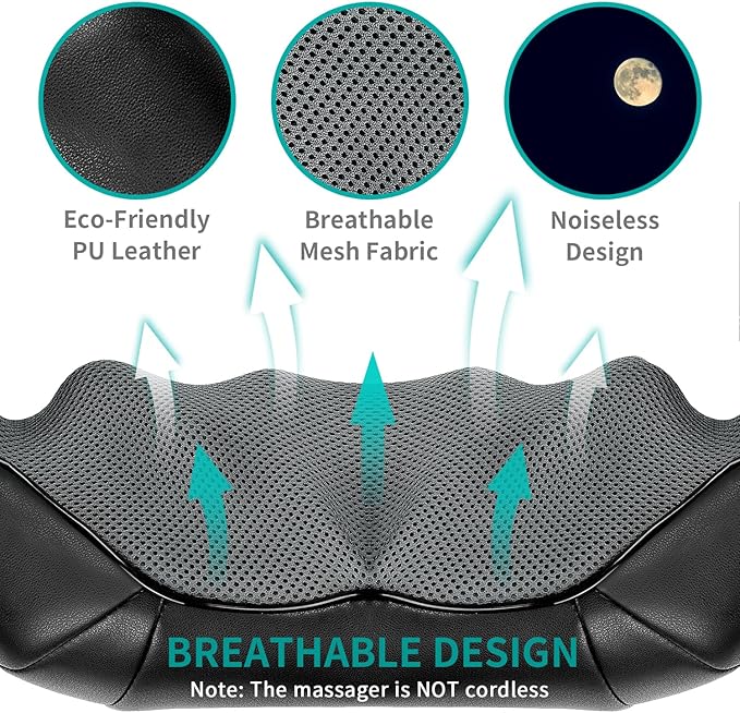 Neck and Back Massager with Soothing Heat, Electric Deep Tissue 3D Kneading Massage Pillow for Shoulder, Leg, Body Muscle Pain Relief, Home, Office, and Car Use