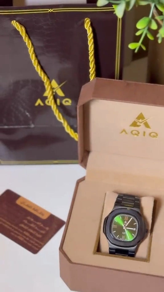 ساعة عقيق رجالية فاخرة باللونين الأسود والأخضر مع ضمان لمدة عام