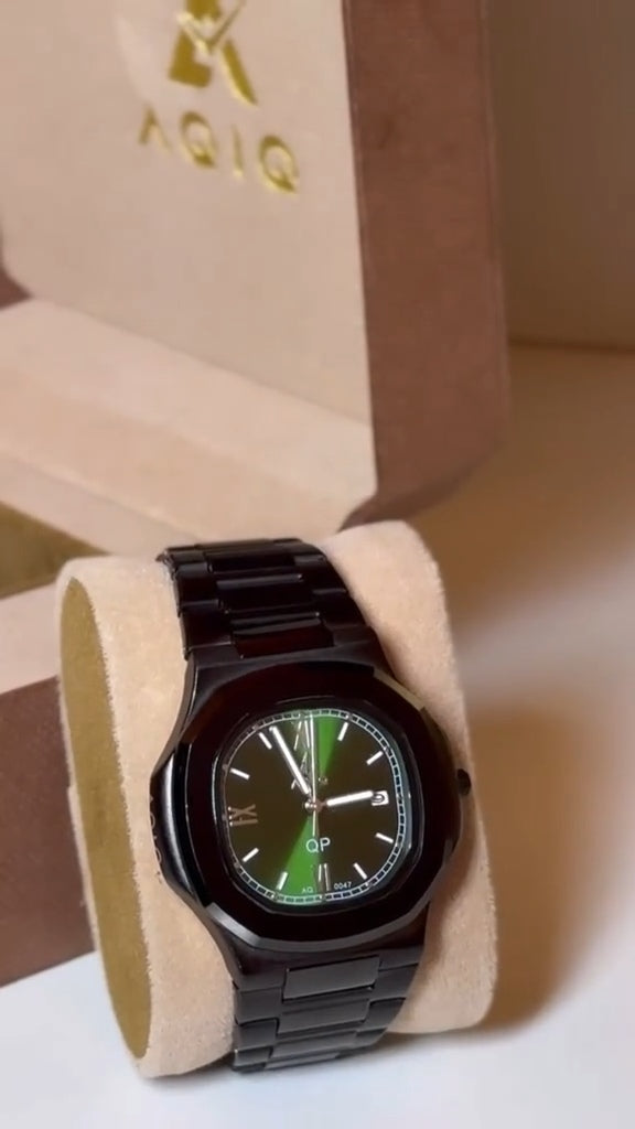 ساعة عقيق رجالية فاخرة باللونين الأسود والأخضر مع ضمان لمدة عام